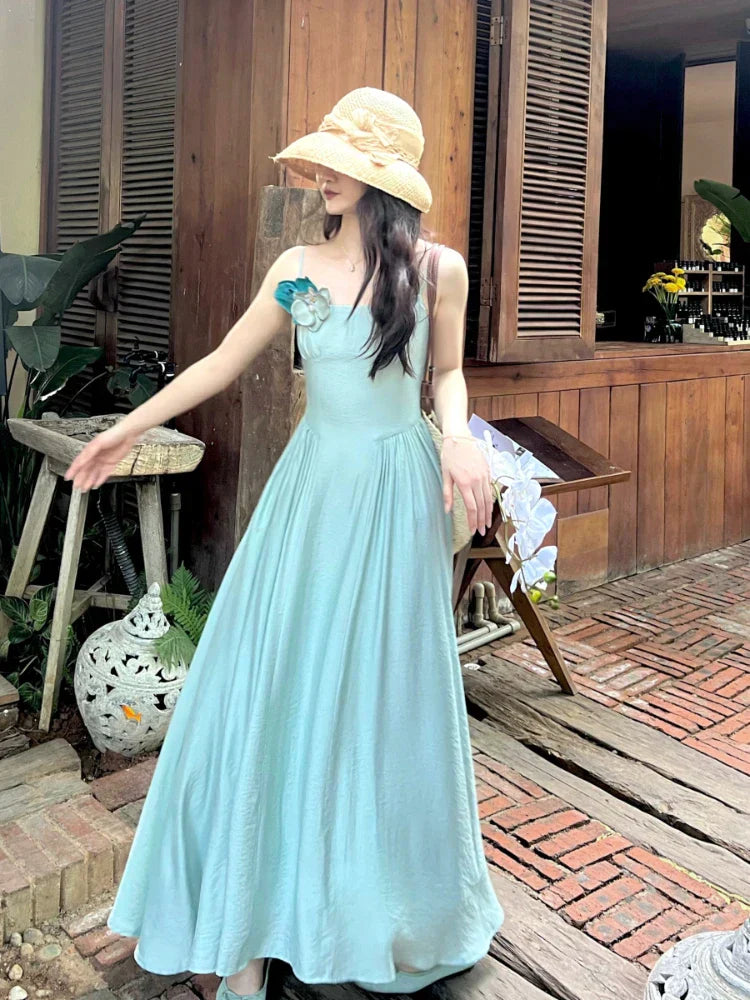 JazzHer-Summer Beach Chiffon French Elegant Dress Boho Outwear Sleeveless Midi Dress Party One Piece Dress Korean Fashion Design