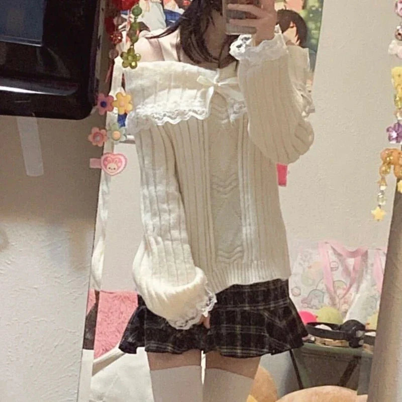 JazzHer Kawaii Lace Trim Off Shoulder Pullovers Pretty Cute Outfits Harajuku Cosplay Sweater Y2K Aesthetic Vintage Long Sleeve Jumpers