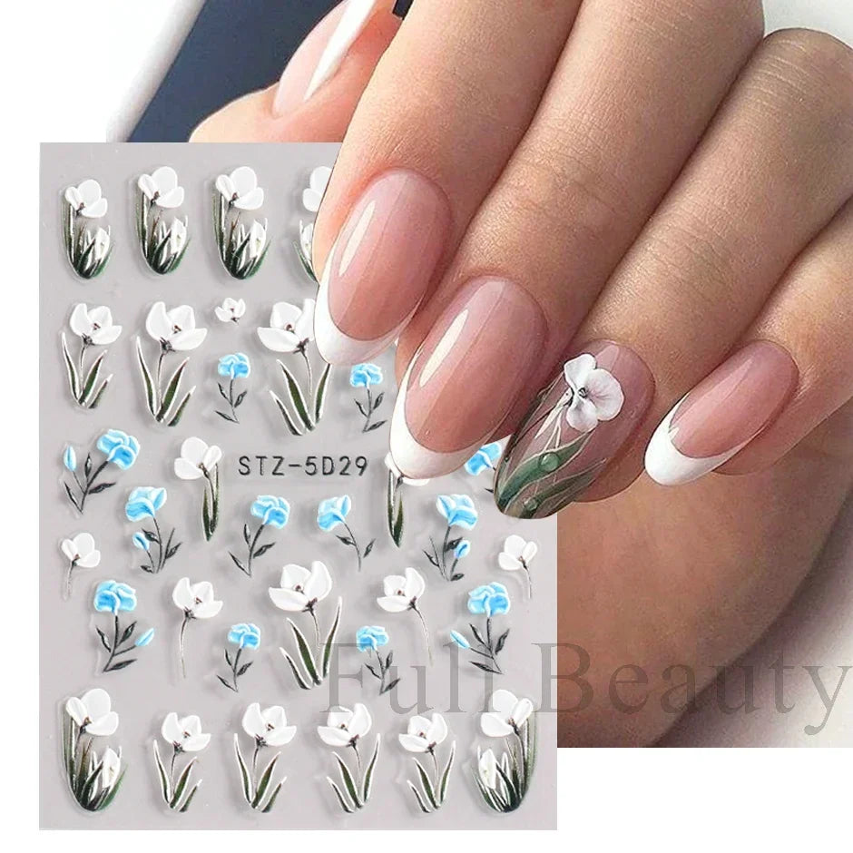 JazzHer 5D Simple Flowers Nail Embossed Stickers Elegrant Wedding Design Adhesive Sliders Summer Textured Engraved Decoration LYSTZ5D-30