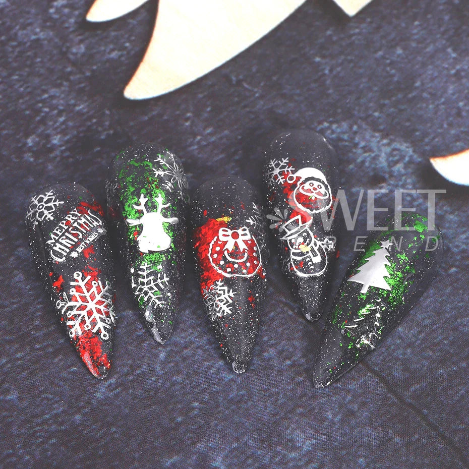 JazzHer 3D Gold Silver Christmas Nail Sticker Winter New Year Snowman Snowflake Decal Holographic Santa Tree Slider For Manicure Decor