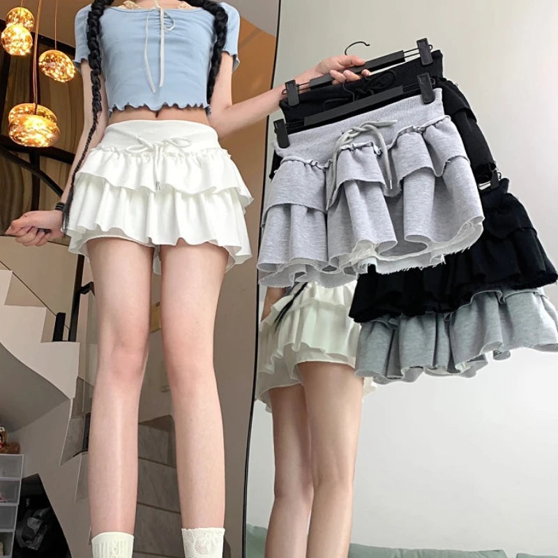 JazzHer Korean Retro Solid Color All Match Cake Skirt Women 2024 Summer New High Waist Lace-up Sexy Slim Pleated A-line Skirt