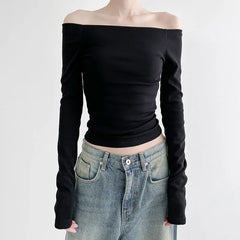 JazzHer Y2K Fairy Backless T-shirt Vintage Off Shoulder Crop Top Women Rib Knitted Skinny Basic Tee Korean Elegant Long Sleeve Clothes