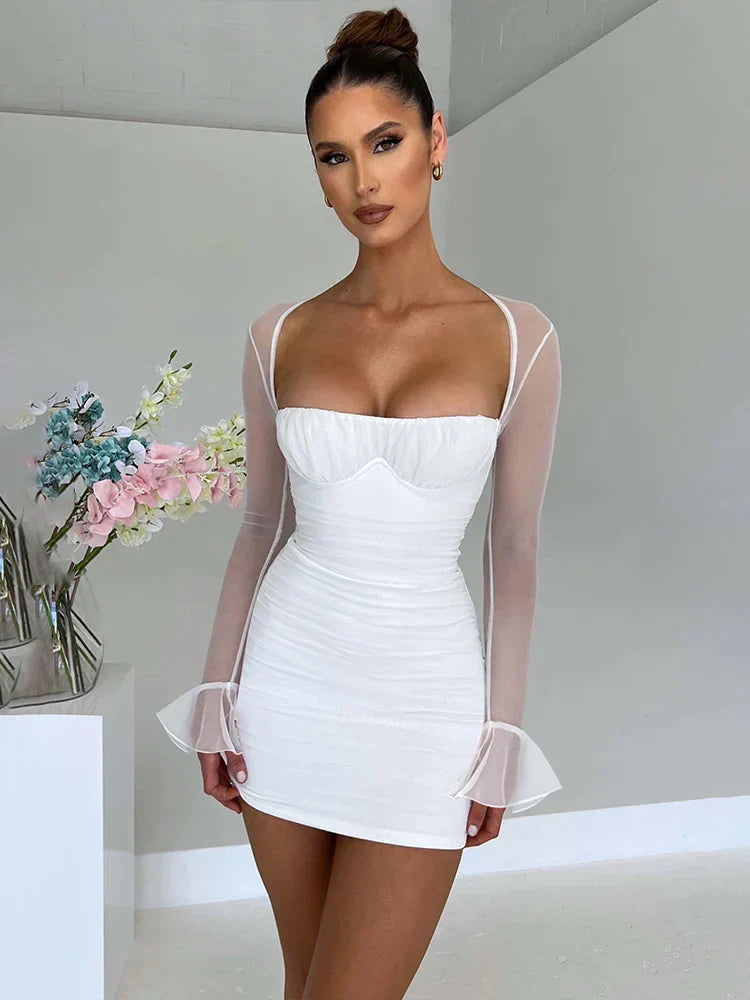 JazzHer-Townlike Mesh Slim Bodycon Pleated Bandage Dress Women Mini Nightclub Sexy Party Dress Long Sleeve 2024 Spring Summer Dresses