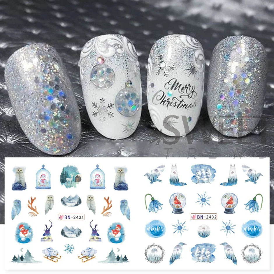 JazzHer 12pcs Winter Forest Styling Water Stickers For Nail Gradient Snowflake Bird Elk Design Xmas Manicure Charm Sliders LYBN2425-2436