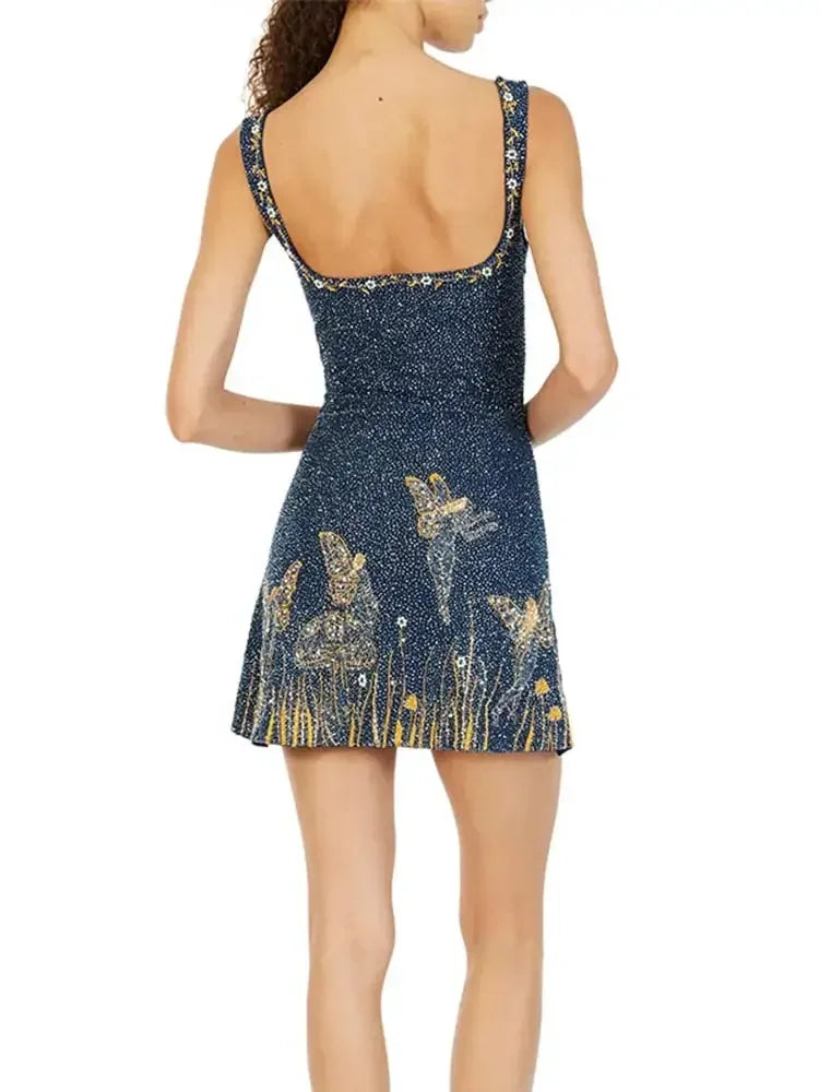 JazzHer Women Glitter Print Sequins Spliced Mini Dress Sexy Backless Sleeveless Bodycon Sling Dresses 2024 Lady High Street Clubwear