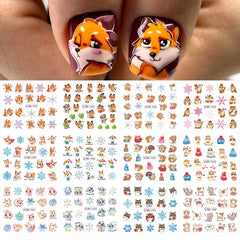 JazzHer 12pcs Anime Fox Water Nails Sliders Snowflakes Forest Animal Squirrel Decals Winter Theme DIY Manicure Foils Stickers Decor LYBN