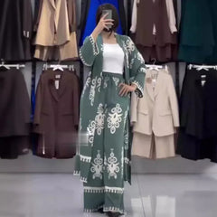 JazzHer Eid Muslim Suits Women Print Blouses Wide Leg Pants Set Two Piece Musulman Ensemble Dubai Arabic Morocco Islam Casual Ramadan