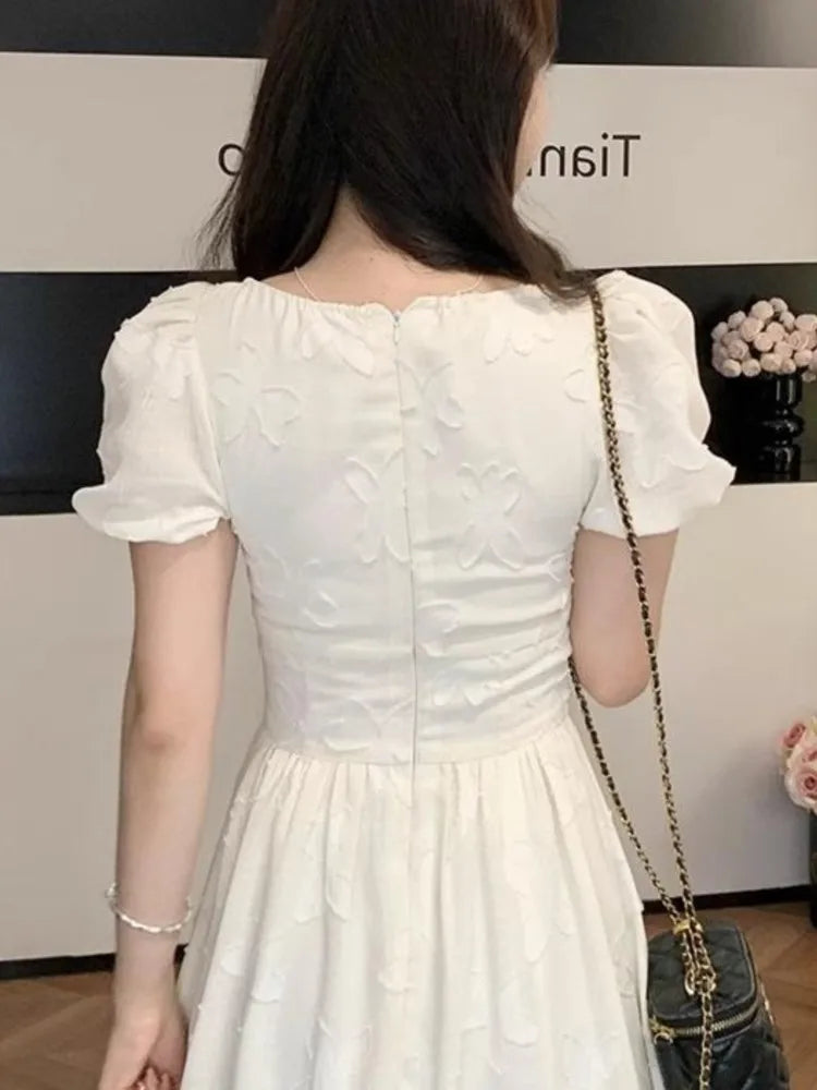 JazzHer Elegant Midi Dresses for Women Summer New Puff Sleeve Square Collar A-line Casual Birthday Party Dress Korean One Piece Vestido