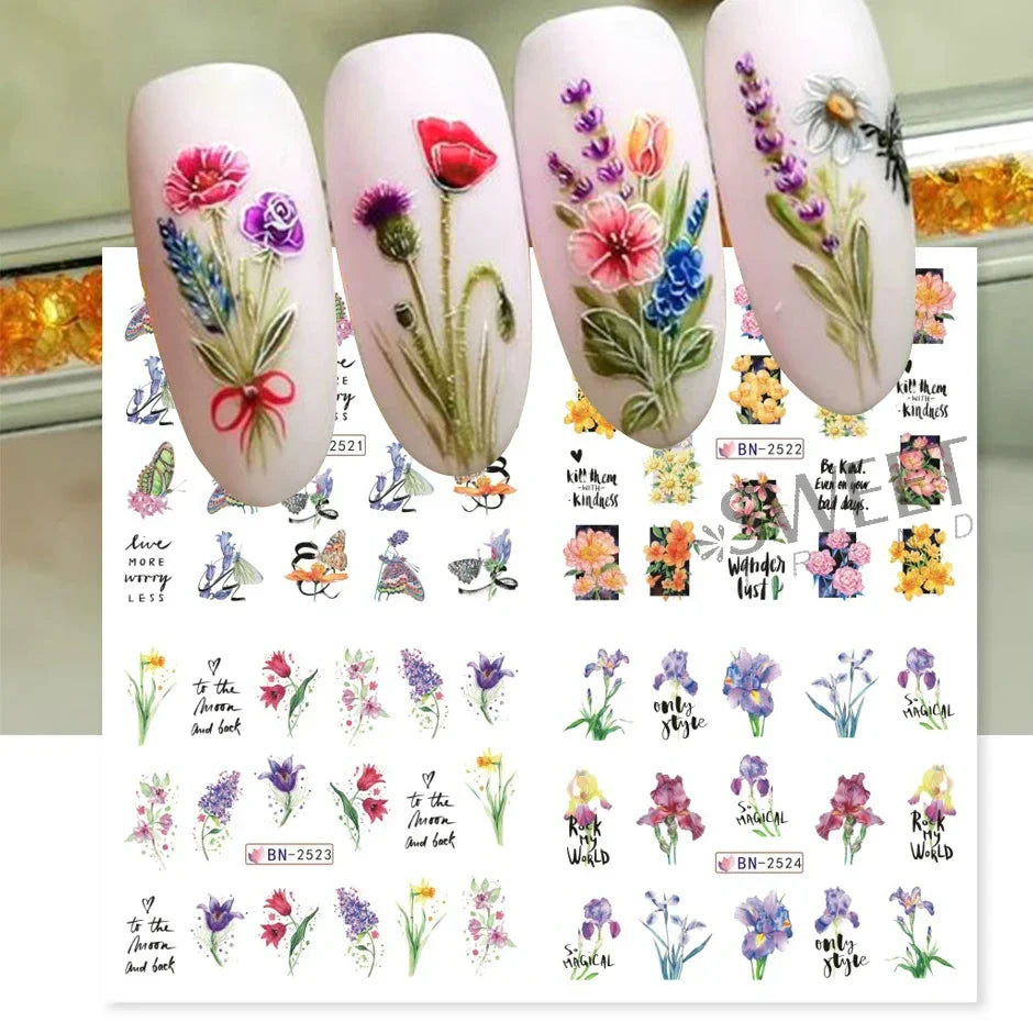 JazzHer Spring Watercolor Flowers Stickers For Nail Blooming Leaves Floral Transfer Sliders DIY Bouquet Design Manicure Foils Decal LYBN