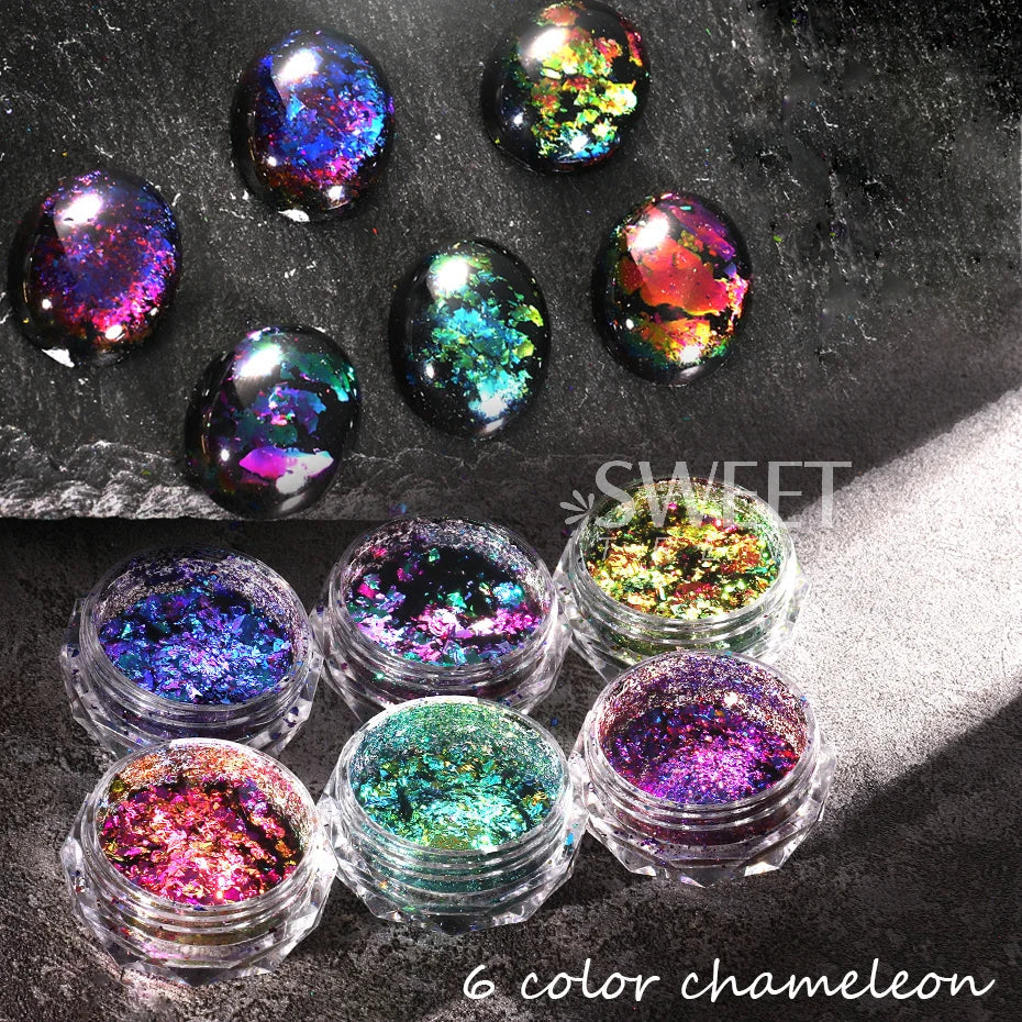 JazzHer 0.1g Chameleon Mirror Chrome Nails Glitter Irregular Fire Aluminum Foils Sequins Summer DIY Iridescent Paillette Manicure Slices