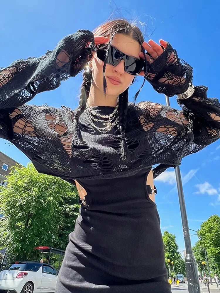 JazzHer- Sexy Streetwear Crop Black T Shirts Women Y2k Hollow Knitted Cropped Mesh Top Female Goth 2000s Shirts Kpop Chic Tees