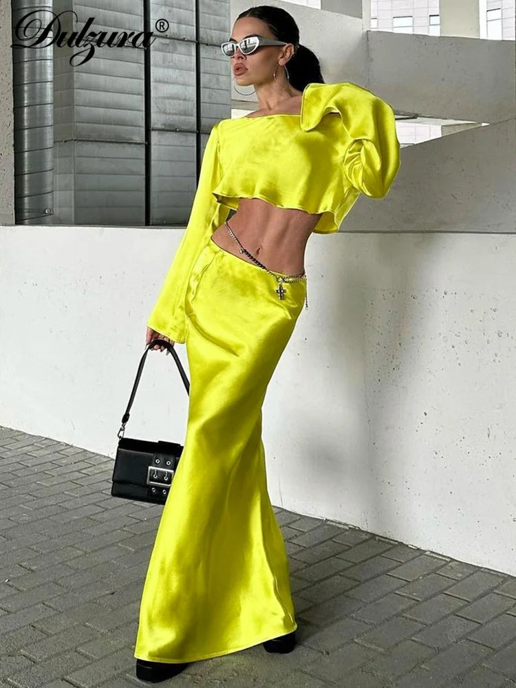 JazzHer Matching Suit Satin Skew Collar Long Sleeve Top Camisole Maxi Skirt Classic Prom Elegant 2024 Summer Women Y2K