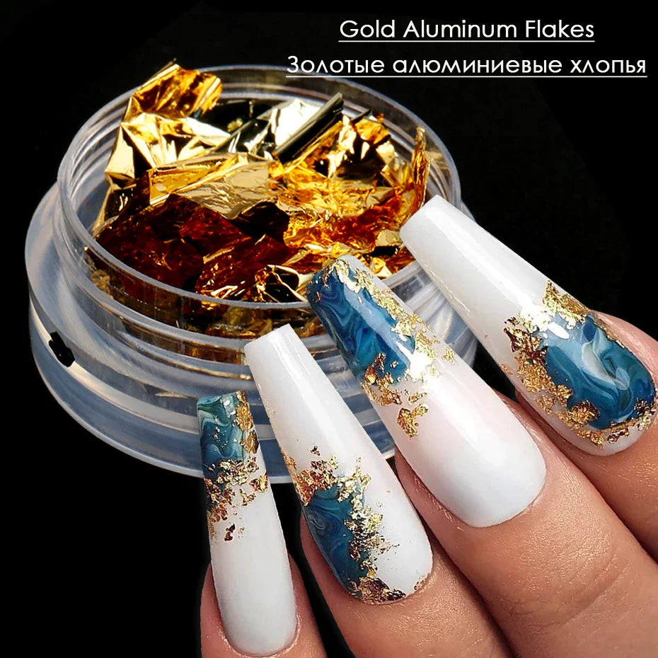 JazzHer 1 Box Gold Glitter Flakes Irregular Aluminum Foil Sequins For Nails Chrome Powder Winter Manicure Nail Art Decorations LY1858-1