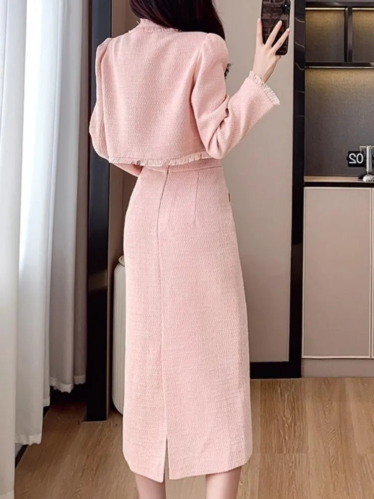 JazzHer French Elegant Women Pink 2 Pieces Set 2024 Autumn Tassel Long Sleeve Coat A-line Chic Midi Skirt Spring Y2k Lady Dress Suits