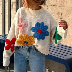 Black Friday JazzHer Crochet Flower Pullover Knitted Sweater Women's Fashion Loose Lantern Long Sleeve Embroidery Knit Top Streetwear Fashion