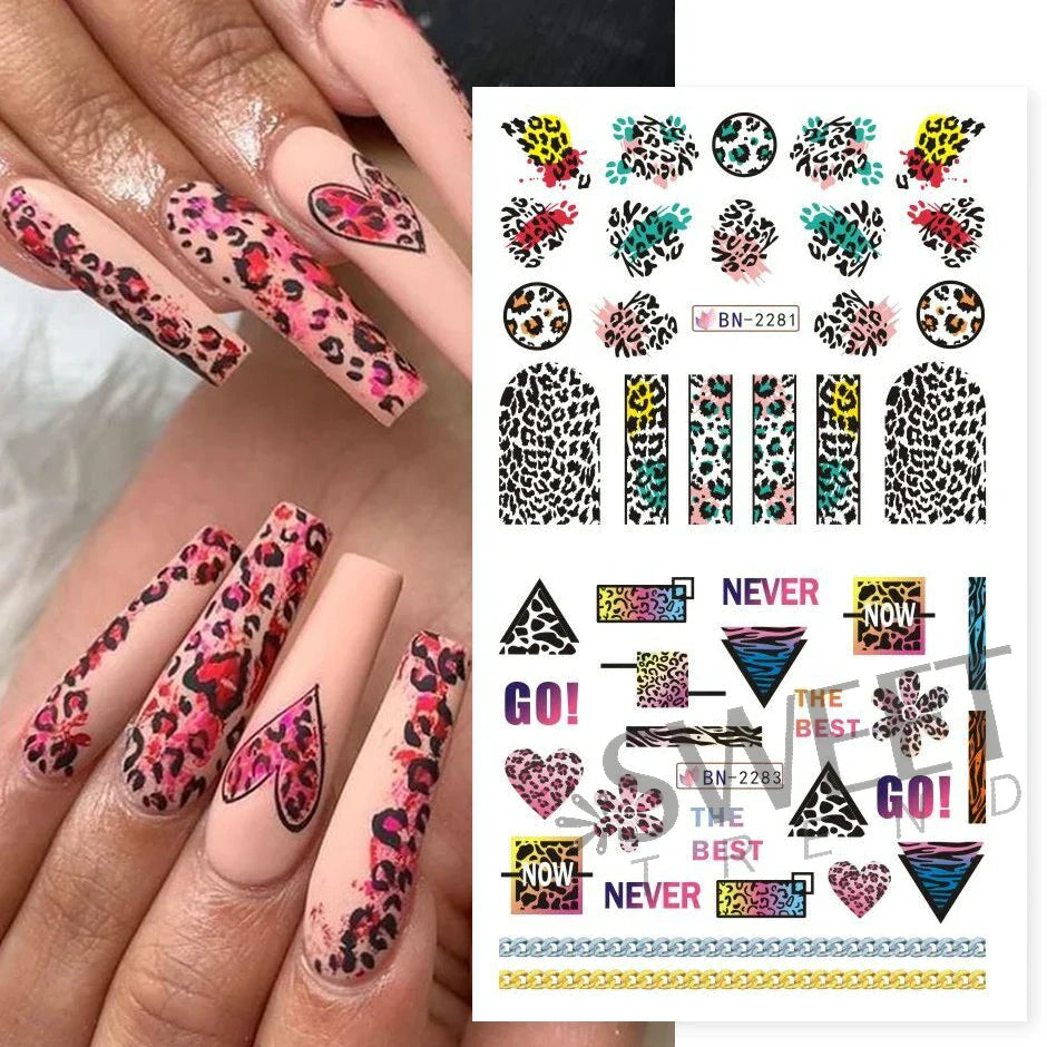 JazzHer 12pcs Sexy Leopard Print Nail Water Sticker Charm Wild Animal Pattern Geometry New Year Manicure Accessories Tattoo Sliders LYBN