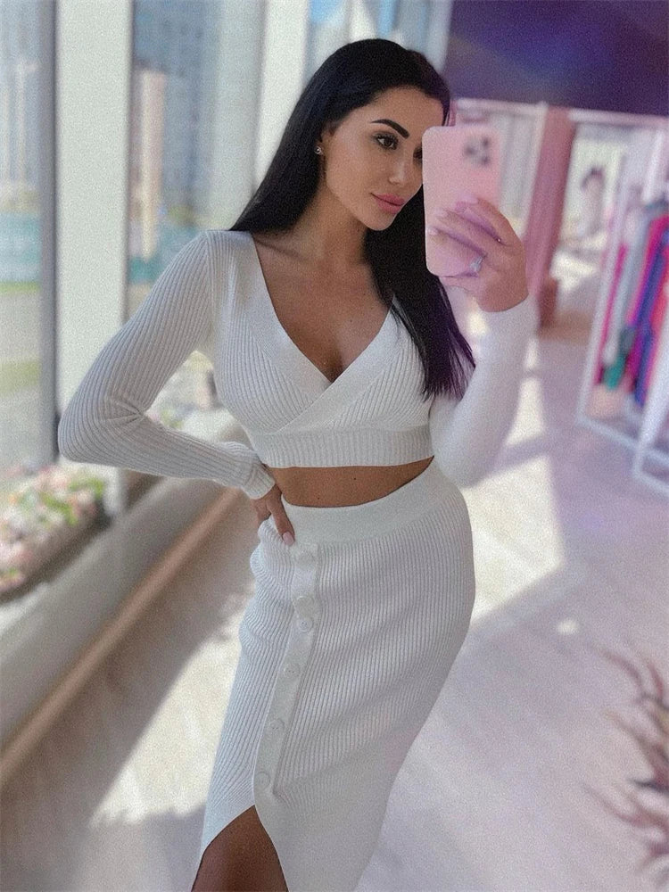 JazzHer Summer New Two Piece Set Women Outfits Casual White Crop Top And Midi Skirt Sets Wrap Bodycon Long Dress Knit Dresses Set