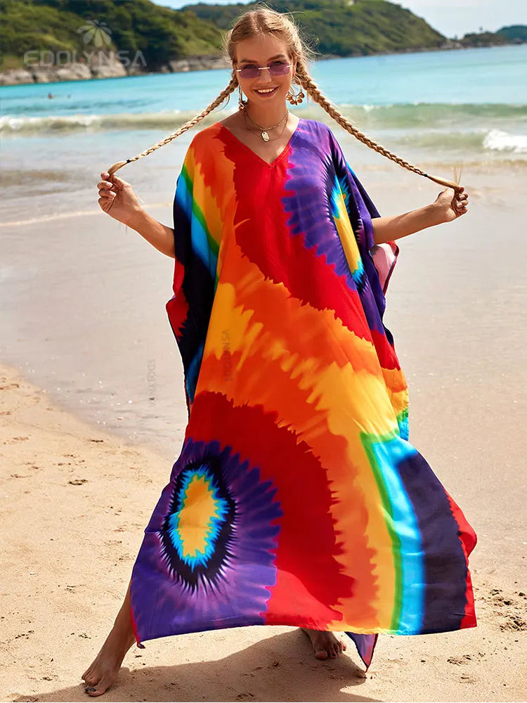 JazzHer Bohemian Butterfly Printed V Neck Batwing Sleeve Dresses For Women Clothing 2023 Beach Wear Causal Long Dress Vestidos Q1342