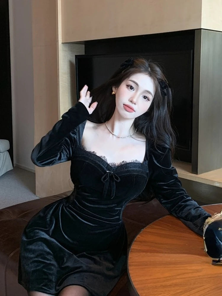 JazzHer Gothic Vintage Balck Long Sleeve Dress Woman Elegant Fashion Velvet Midi Dress Korean Style Even Party Dress Casual 2024 Spring