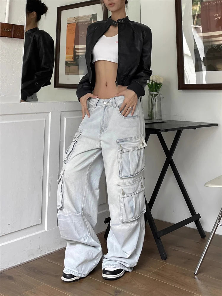 JazzHer- Y2K Blue Cargo Jeans Women Vintage Streetwear Multiple Pockets Denim Pants Oversized High Street Hip Hop Baggy Trousers