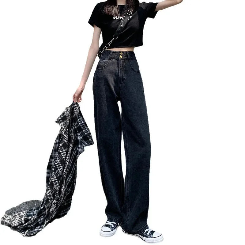 JazzHer Denim Wide Leg Pants Women High Waist Causal Vintage Denims Pockets Zipper Fly Straight Trousers Female Full Length Jeans