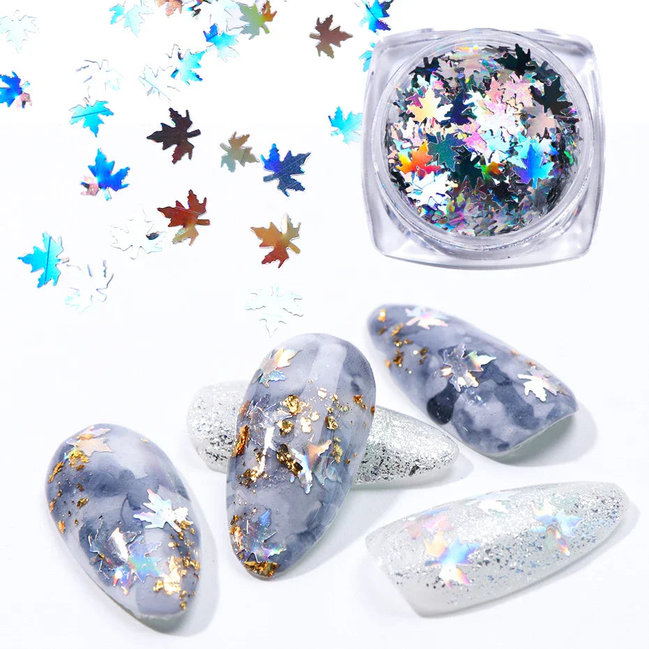 JazzHer 1Box Holographic Leaf Nail Glitter Fall Maple Sequins Paillette Tips Mulicolor Sparkly Nail Art Decorations Manicure LY1528