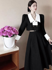 JazzHer 2024 Fall Fashion Women Elegant Double-breasted Color-block Long-sleeve Jacket High Waist Skirt Suit Two-piece Suit