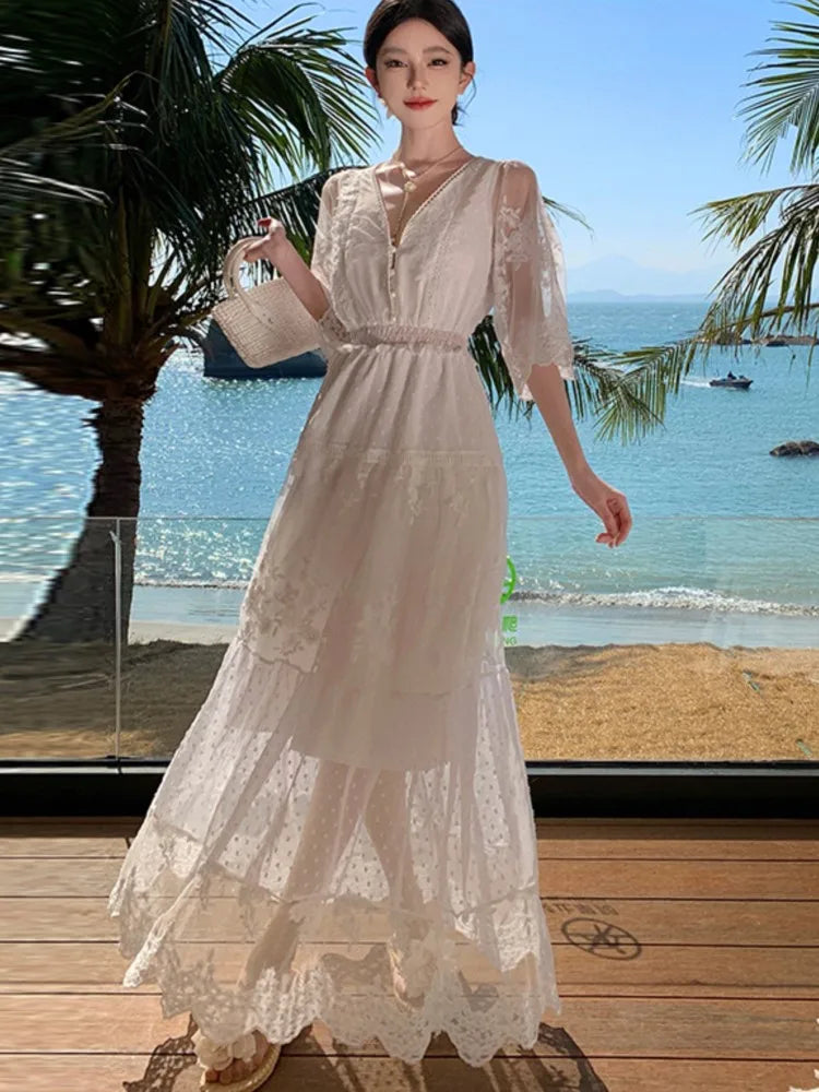 JazzHer French Lace Long Dresses for Women Summer White Party Dress Beach Style V-neck A-line Elegant Prom Robe Wedding Vestidos Mujer