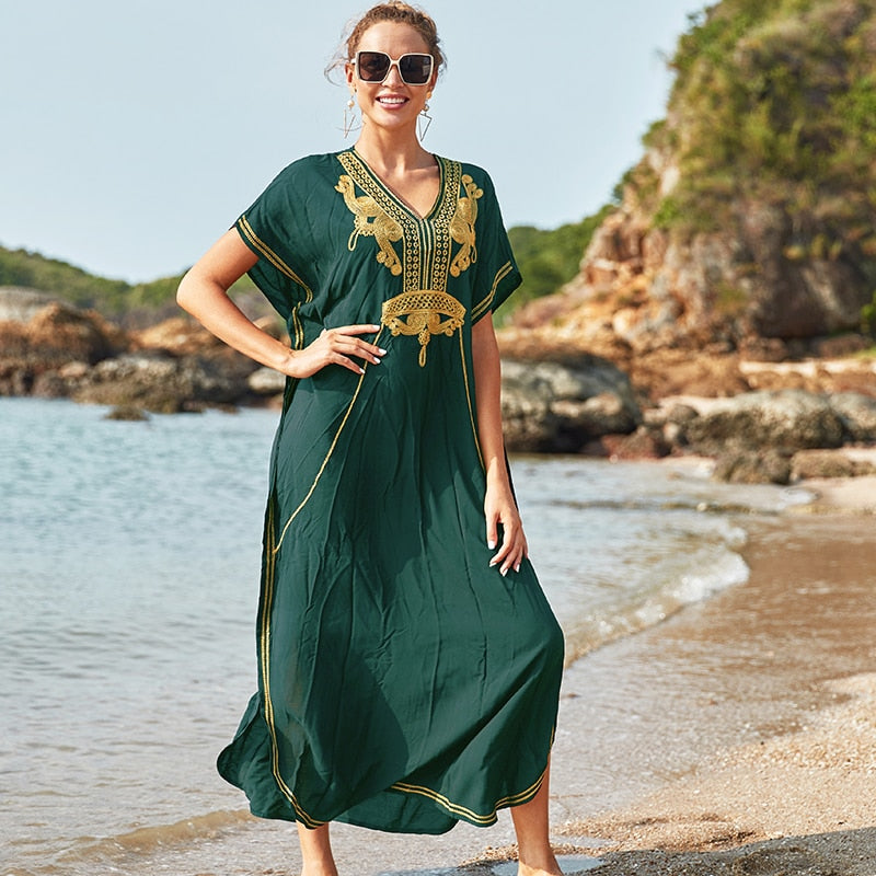 JazzHer 2024 Vintage Embroidery Kaftan Sexy V-Neck Batwing Sleeve High Waist Maxi Dress Tunic Women Clothing Summer Beach Dresses Q660