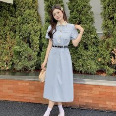 JazzHer-Casual Dresses for Women 2024 Doll Collar Short Sleeve Fashion New Summer Women's Clothes Chic Elegant Female Midi Dress