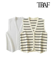 JazzHer Women Fashion Front Button Striped Knit Vest Sweater Vintage V Neck Sleeveless Female Waistcoat Chic Vest Tops