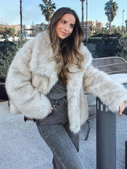 JazzHer Fashion Cropped Faux Fur Jacket Coat Women's Long Sleeve High Street Female Outerwear Chic Lapel Collar Thick Coat Winter