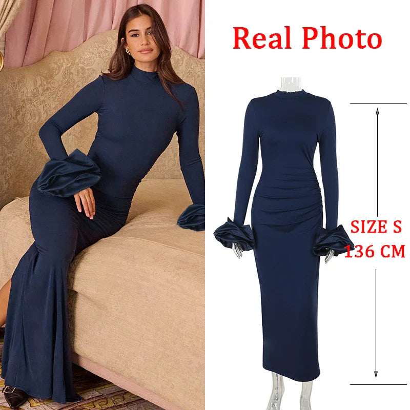 JazzHer High Stretch Elegant Evening Party Dress Women Long Sleeve Tie Flowers Sexy Dress Long Bodycon Autumn Dress Vestidos