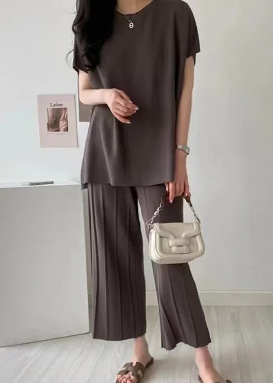 JazzHer Women Summer Two Piece Set Blouse Wide Leg Pants Suit Split Top Round Neck Solid Color Trouser Suits Loose Fit Casual Outfits