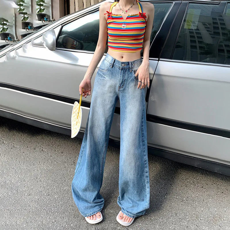 JazzHer Bleached Full Length Women Washed Jeans Distressed Loose Fit Pockets High Waist Zipper Fly 2024 Summer Vintage Denim Basics