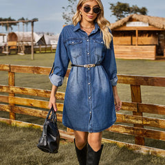 JazzHer Women Denim Dress 2024 Streetwear Turn Down Collar Pockets Single Breasted Washed Jean Vestidos Female Vintage Casual Dresses