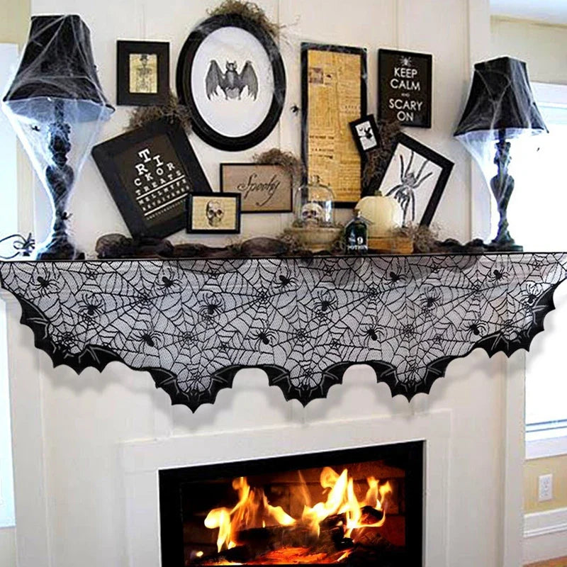 JazzHer Halloween Bat Table Runner Black Spider Web Lace Tablecloth Fireplace Curtain for Halloween Party Home Decoration Horror Props