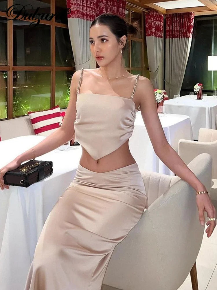 JazzHer Matching Suit Satin 2024 Spring Summer Outfits Women Elegant Rhinestones Crop Top Maxi Skirt Solid Club Co Ords Set