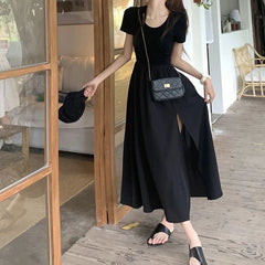 JazzHer Korean Style Fashion Elegant Slit Dress for Women Fairy Slim Fit Dress Tighten The Waist Women 2024 New Spring Summer Dress