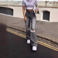 JazzHer Hole Flare Pants Jean Women Fit Vintage Pockets High Waist Zipper Button Basics Denims Wide Leg Trousers 2024 Casual Jeans