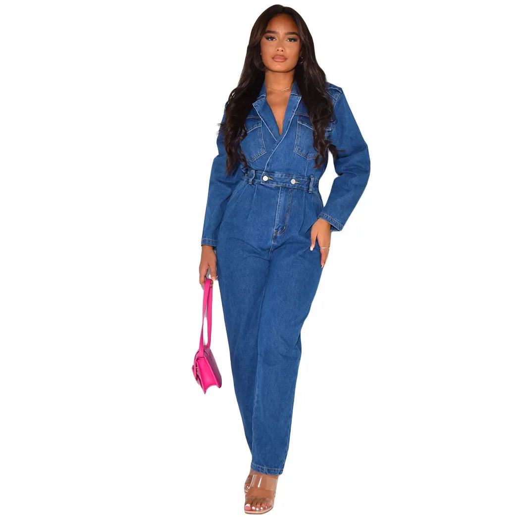 JazzHer Vintage One Pieces Jeans Stretch Jumpsuit Women Turn Down Collar Denim Casual Romper Overalls Streetwear Female Jumpsuits