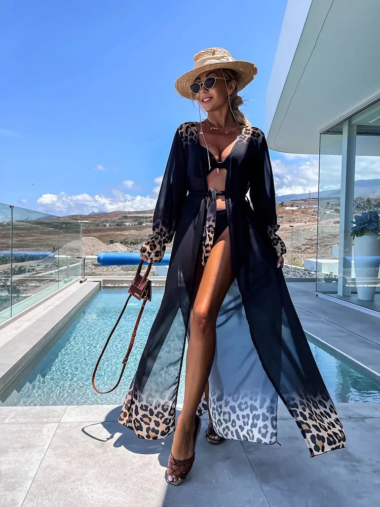 JazzHer Leopard Print Beach Cover-ups Plus Size Chiffon Long Sleeve Maxi Dress Open Front Kimono Cardigan Lightweight Tunic Outfit A2705