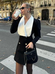 JazzHer Contrast Color Lapel Suit Dress Elegant Office Woman Outfits Pleatd Splice High Waist Mini Dress Double Breasted Fashion