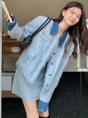 JazzHer-2-Piece Set for Women Half Skirts Sets Turn Down Collar Patchwork Coat Mini Skirt Fashion Female Denim Suit Autumn Winter New