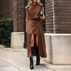 JazzHer Summer Set Women Two Piece Short Top Round Collar Buttons Slim Fit Asymmetrical Skirt Suit Casual Female Outfits Skirts Sets