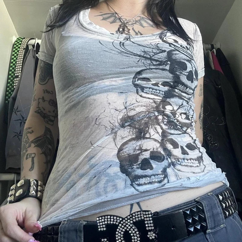 JazzHer Graphic Tie Dye V Neck Crop Tops Y2K E-girl Gothic Grunge Skull Print Tshirt 2000s Retro Emo Short Sleeve Slim Fit Tees Clothes