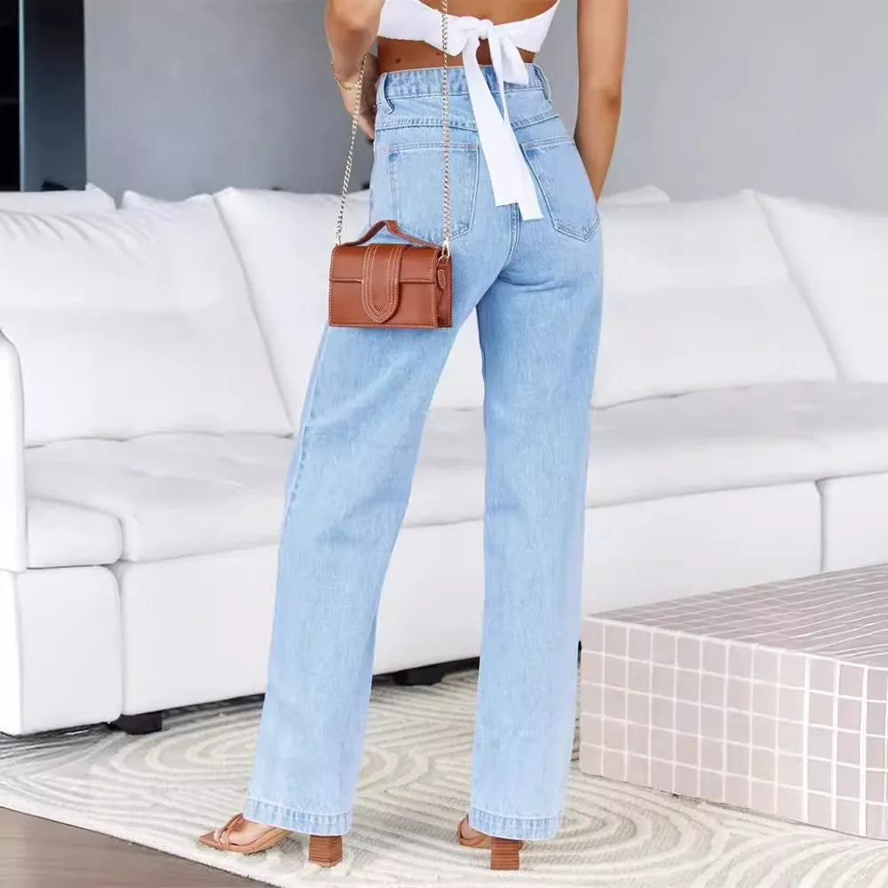 JazzHer Women Jeans Straight Pants Denim Washing High Waist Loose Fit Pockets Button Basics Wide Leg Trousers Solid Color 2024 Casual