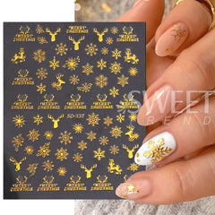 JazzHer Bronzing Gold Snowflakes Christmas Nail Art Decoration Sticker Elk Snowman Simple Line Geometry Winter Decals Manicure Tips LYSO