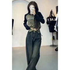 JazzHer Jeans Women Denim Full Length High Waist Pockets Cuffs Trousers Female Denims 2024 Streetwear Vintage Straight Wide Leg Pants