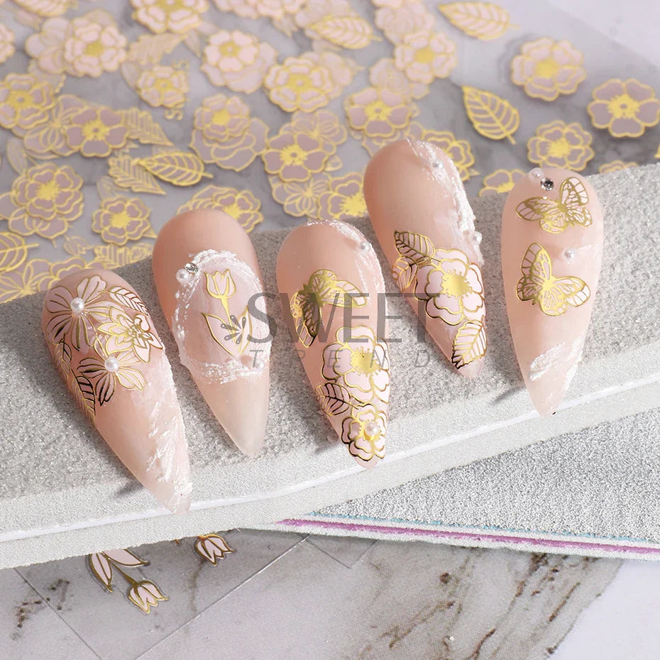 JazzHer Bronzing Elegant Flowers Nail Art Stickers Metallic Silver Line Design Tulip Rose Floral Butterfly Spring Charm Manicure Decals